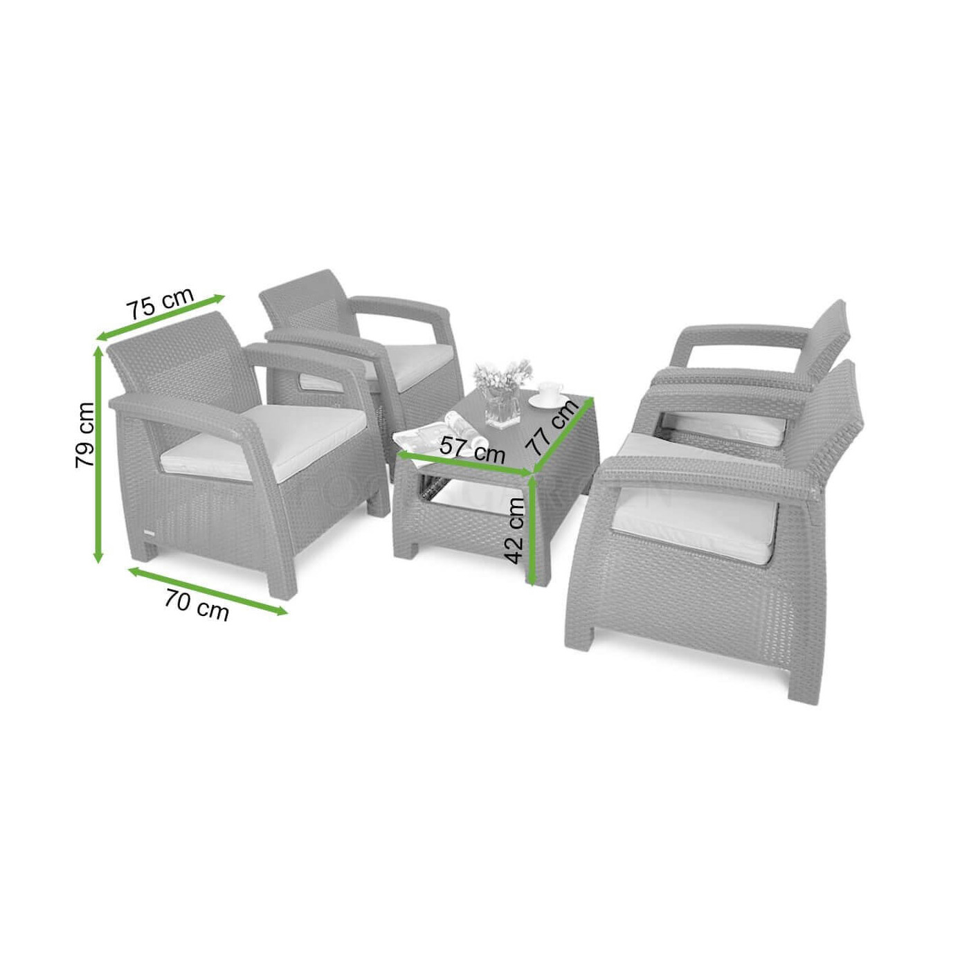 Wymiary zestawu ogrodowego Corfu Quattro w odcieniu Brown 