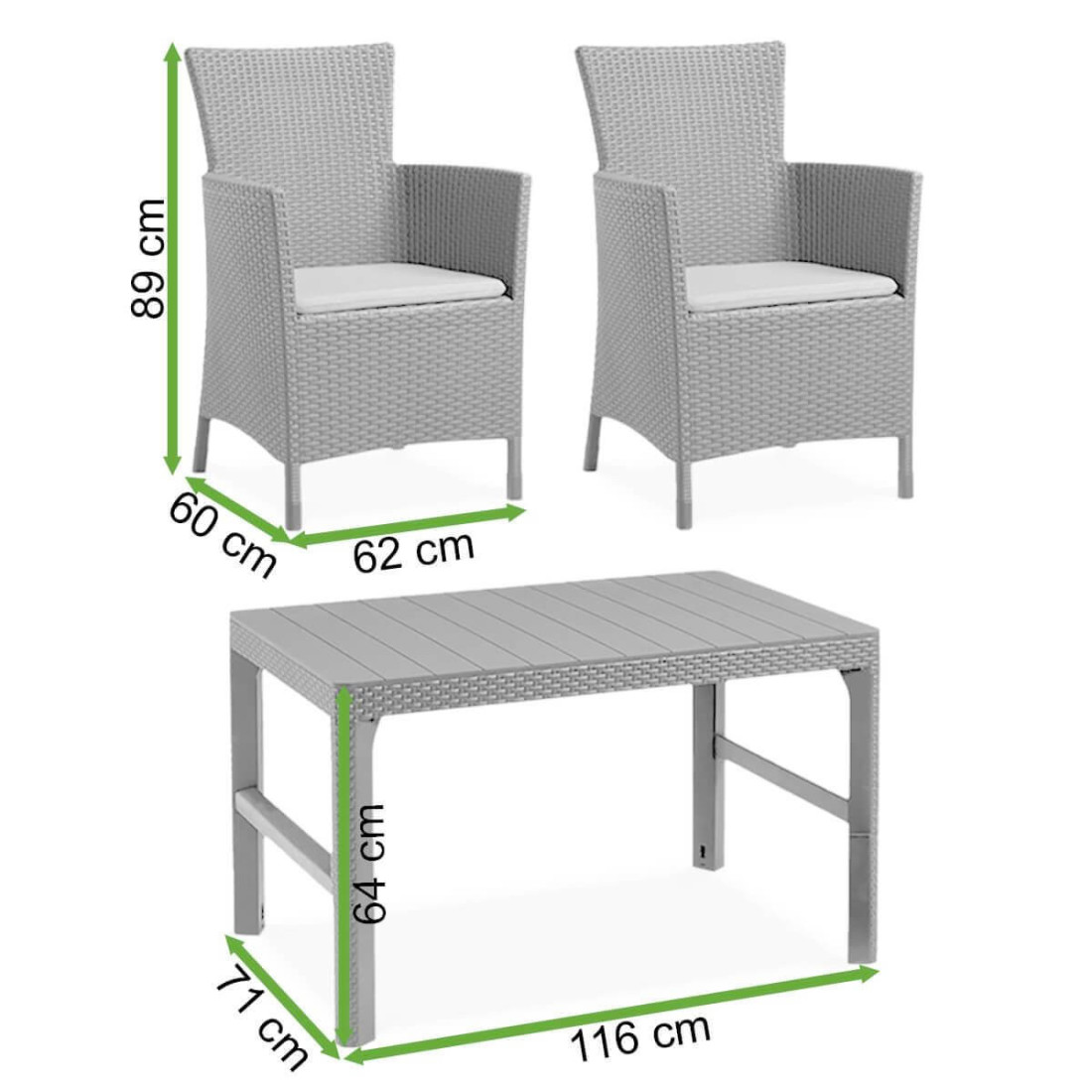 Rzut z wymiarami mebli ogrodowych w zestawie IOWA/LYON 2+1