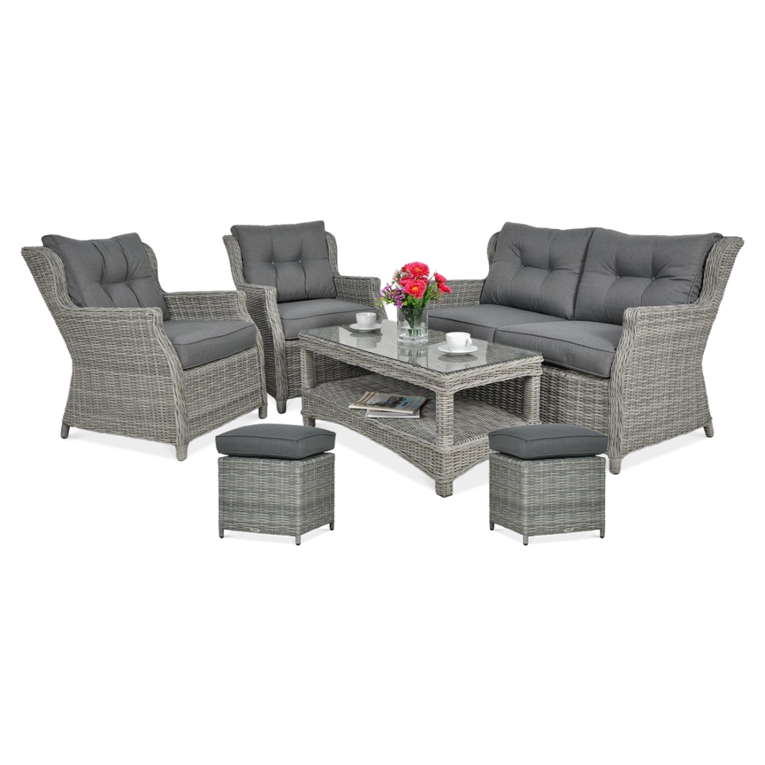 Zestaw Mebli z technorattanu TRIVENTO 2 + Pufy Stone Grey