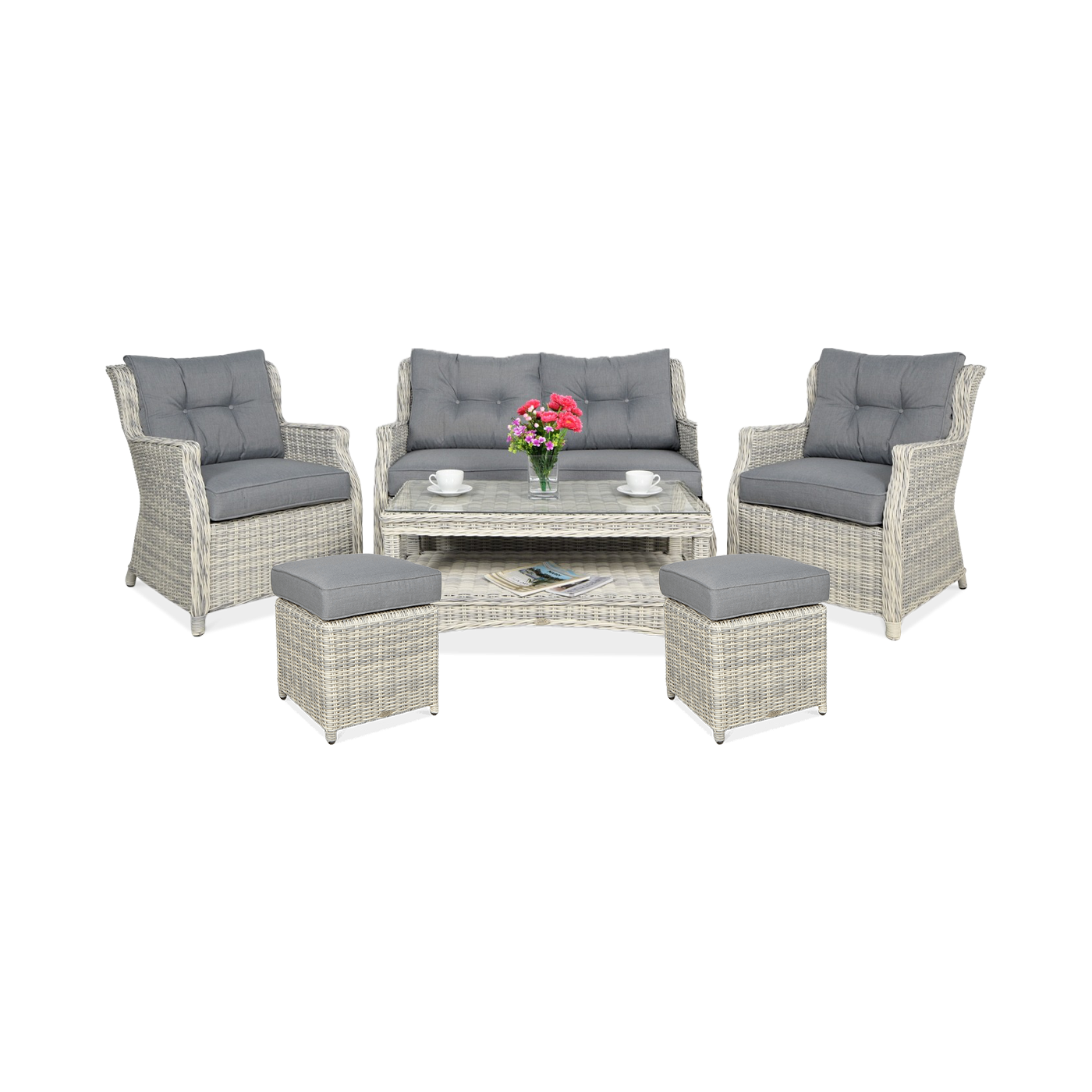 Meble z technorattanu TRIVENTO 2 + Pufy White Grey - Focus Garden