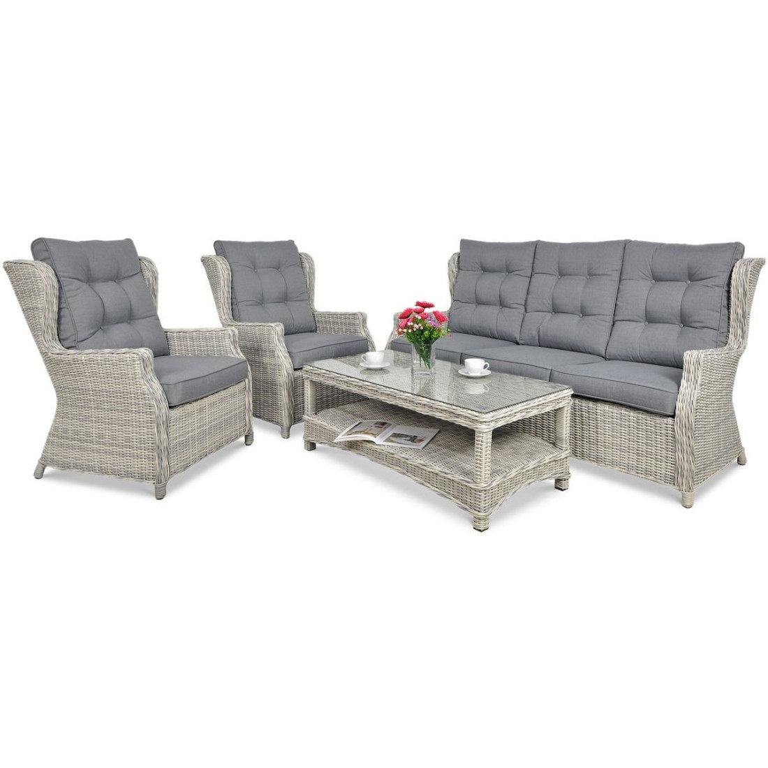 Meble technorattanowe TRIVENTO 3 + PUFY White Grey - Focus Garden