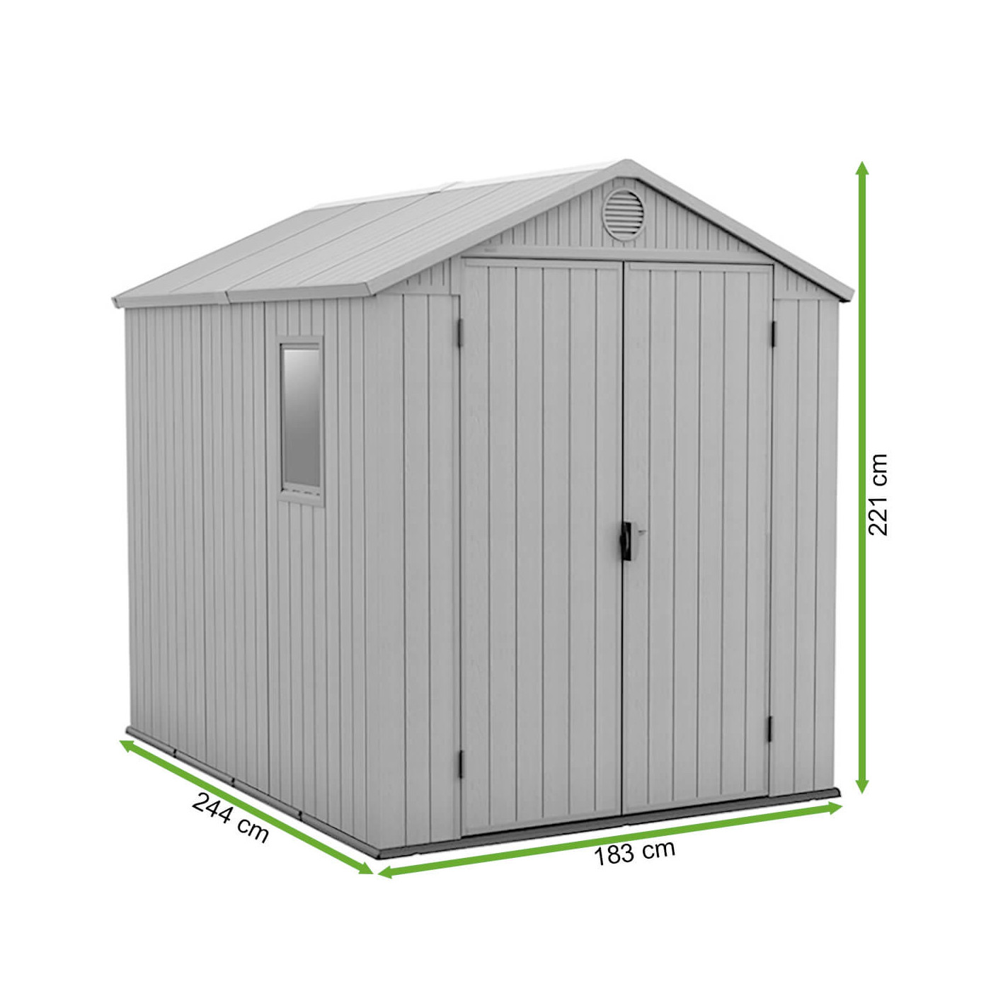 Rycina z wymiarami narzędziowni DARWIN w rozmiarze 6x8 w kolorze zielonym od firmy Keter