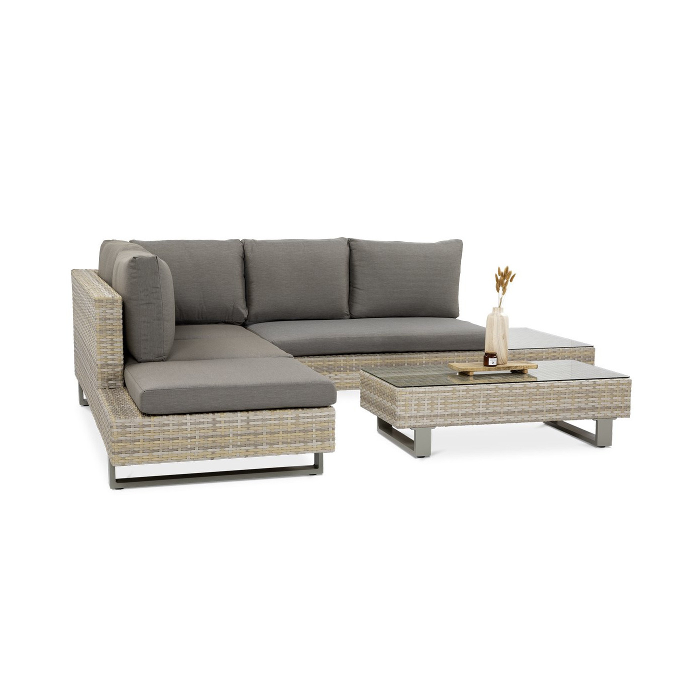 Widok z boku na narożnik i stół z zestawu WILLIS CAFFE Nature