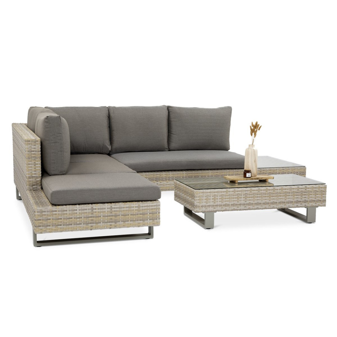 Widok z boku na narożnik i stół z zestawu WILLIS CAFFE Nature