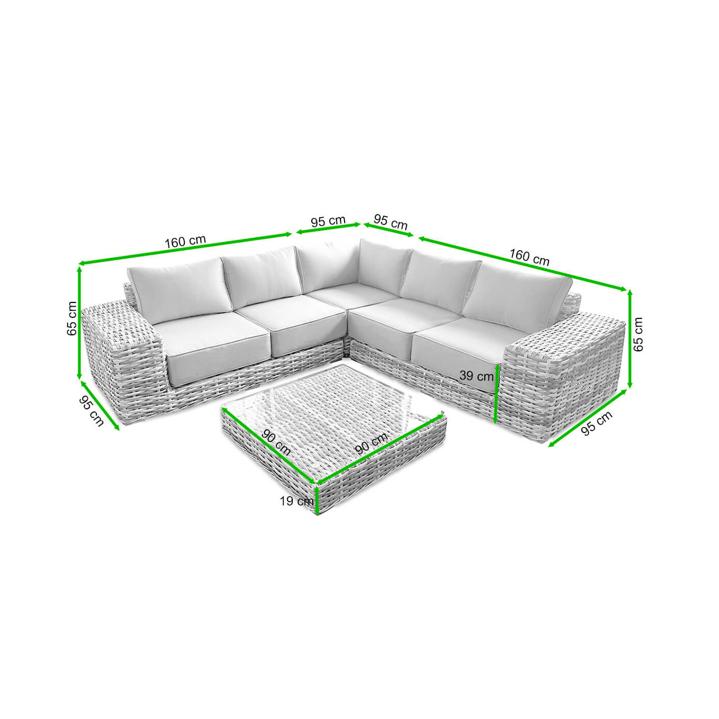 Rycina z wymiarami zestawu VEGA CAFFE Light Grey od firmy FOCUS GARDEN