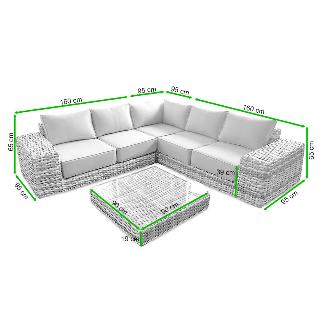 Rycina z wymiarami zestawu VEGA CAFFE Light Grey od firmy FOCUS GARDEN