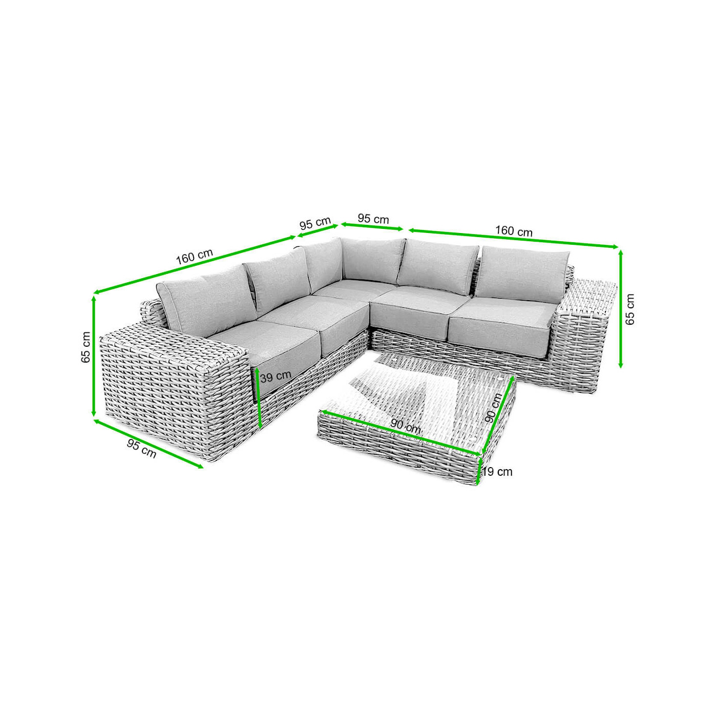Rycina z wymiarami zestawu VEGA CAFFE Dark Grey od firmy FOCUS GARDEN