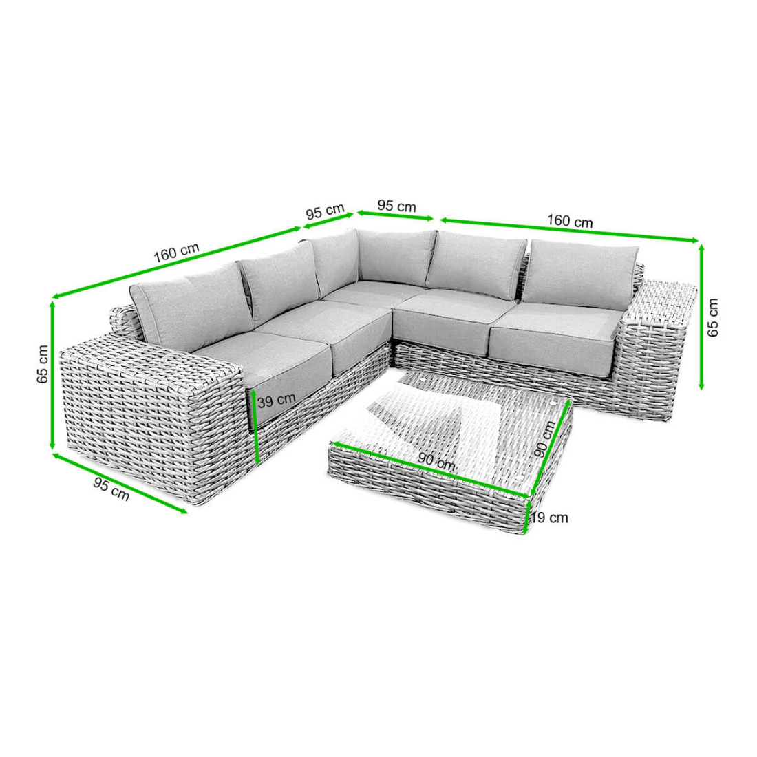 Rycina z wymiarami zestawu VEGA CAFFE Dark Grey od firmy FOCUS GARDEN