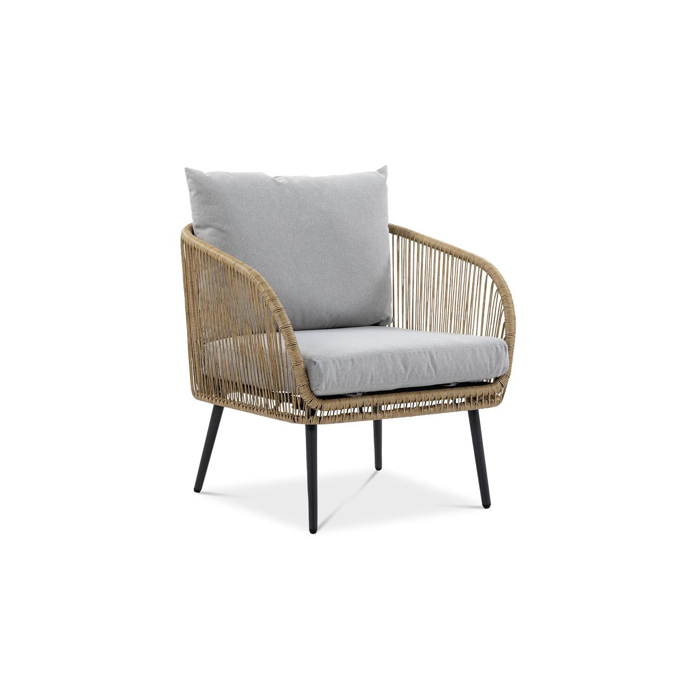 fotel ogrodowy z zestawu forte caffe z szarymi poduszkami i plecionką na podłokietnikach