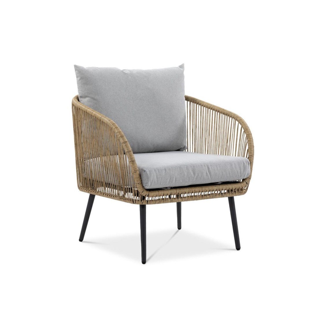 fotel ogrodowy z zestawu forte caffe z szarymi poduszkami i plecionką na podłokietnikach
