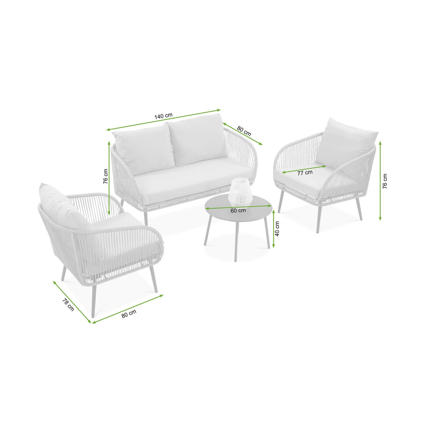 rysunek z wymiarami kompletu wypoczynkowego na ogród forte caffe 