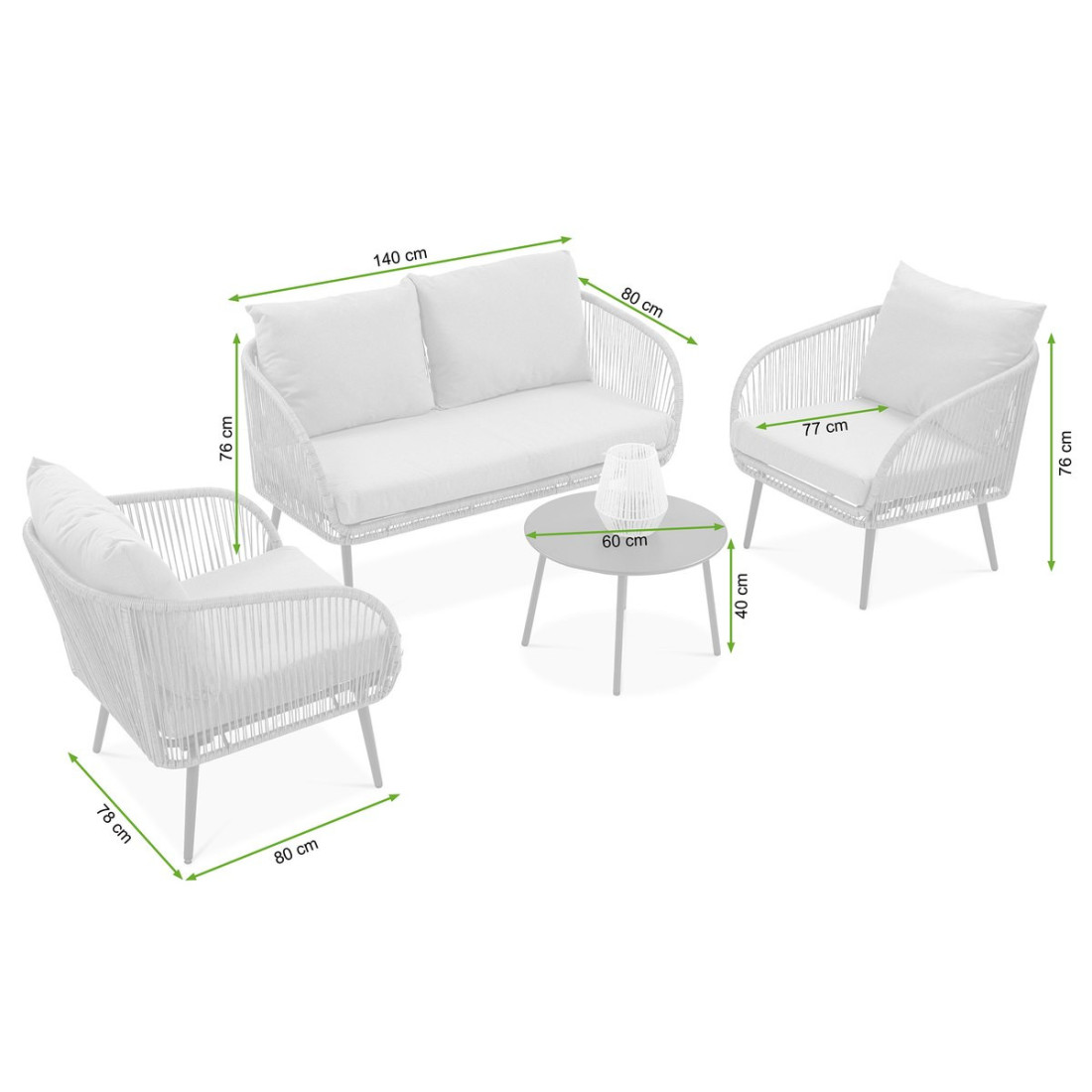 rysunek z wymiarami kompletu wypoczynkowego na ogród forte caffe 