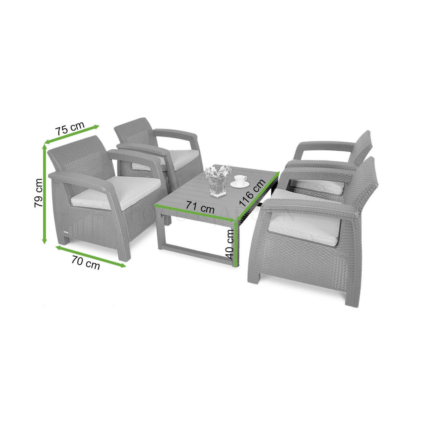 Wymiary zestawu ogrodowego Corfu Quattro/Lyon, rzut z wymiarami mebli