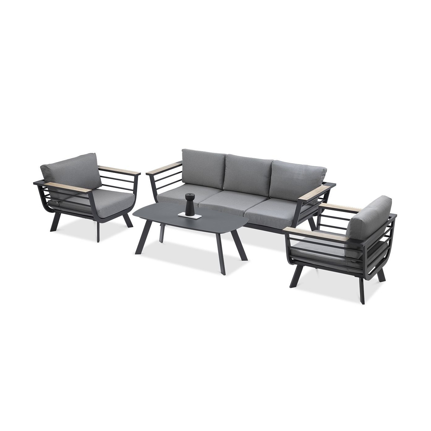 Meble na taras składające się z sofy, foteli i stolika kawowego ASPEN CAFFE w szarym kolorze od firmy Furrore