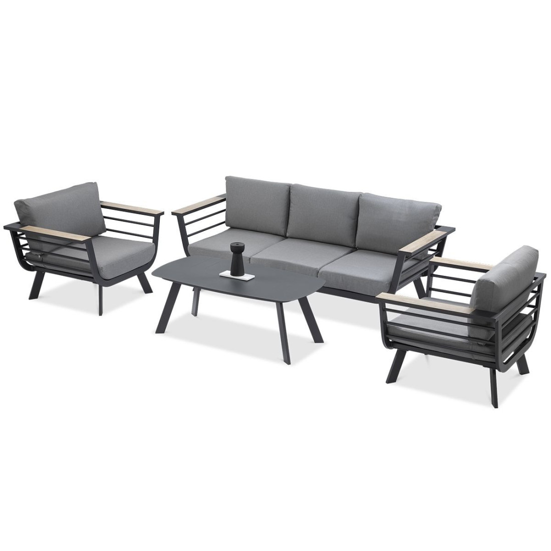 Meble na taras składające się z sofy, foteli i stolika kawowego ASPEN CAFFE w szarym kolorze od firmy Furrore