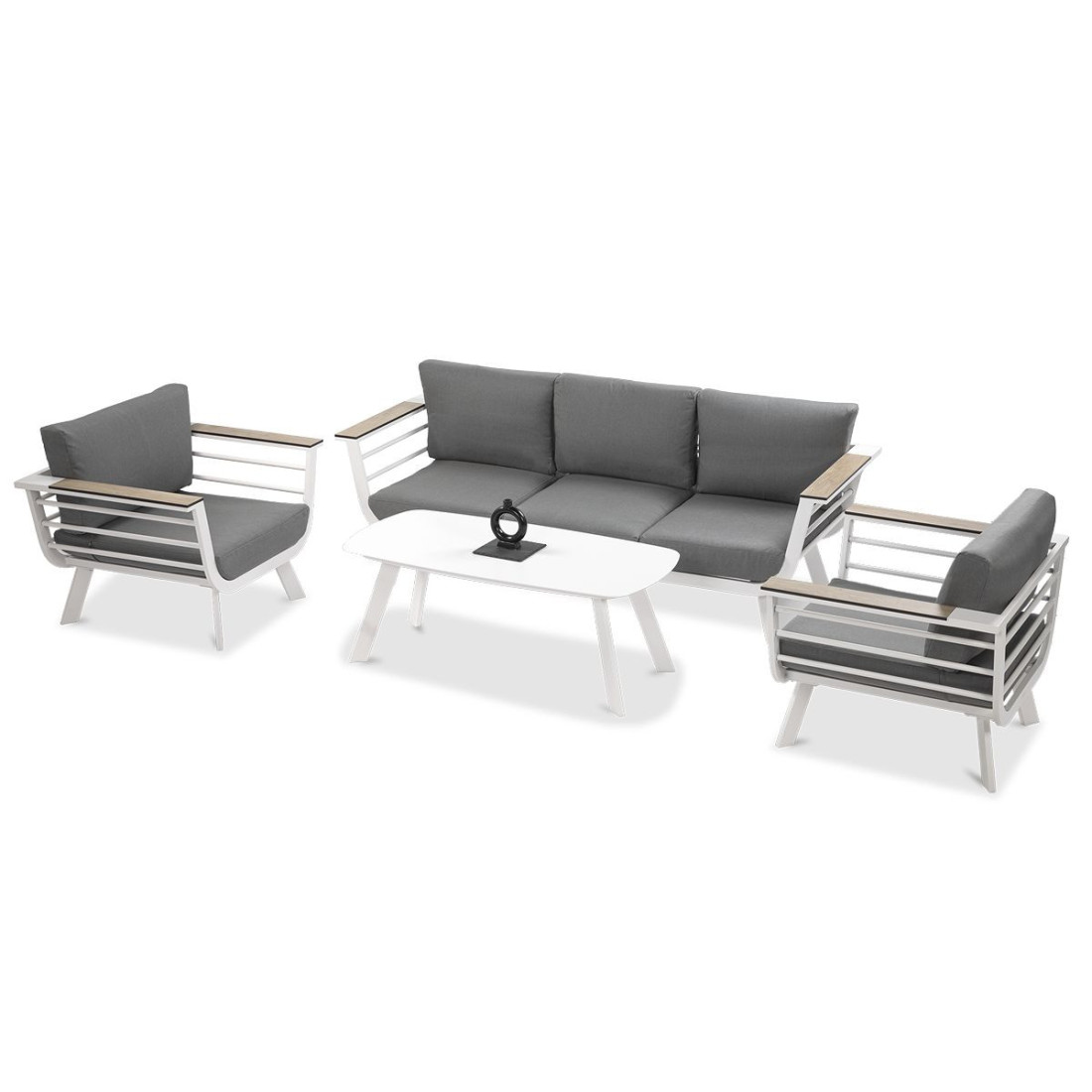 Meble na taras składające się z sofy, foteli i stolika kawowego ASPEN CAFFE White od firmy Furrore