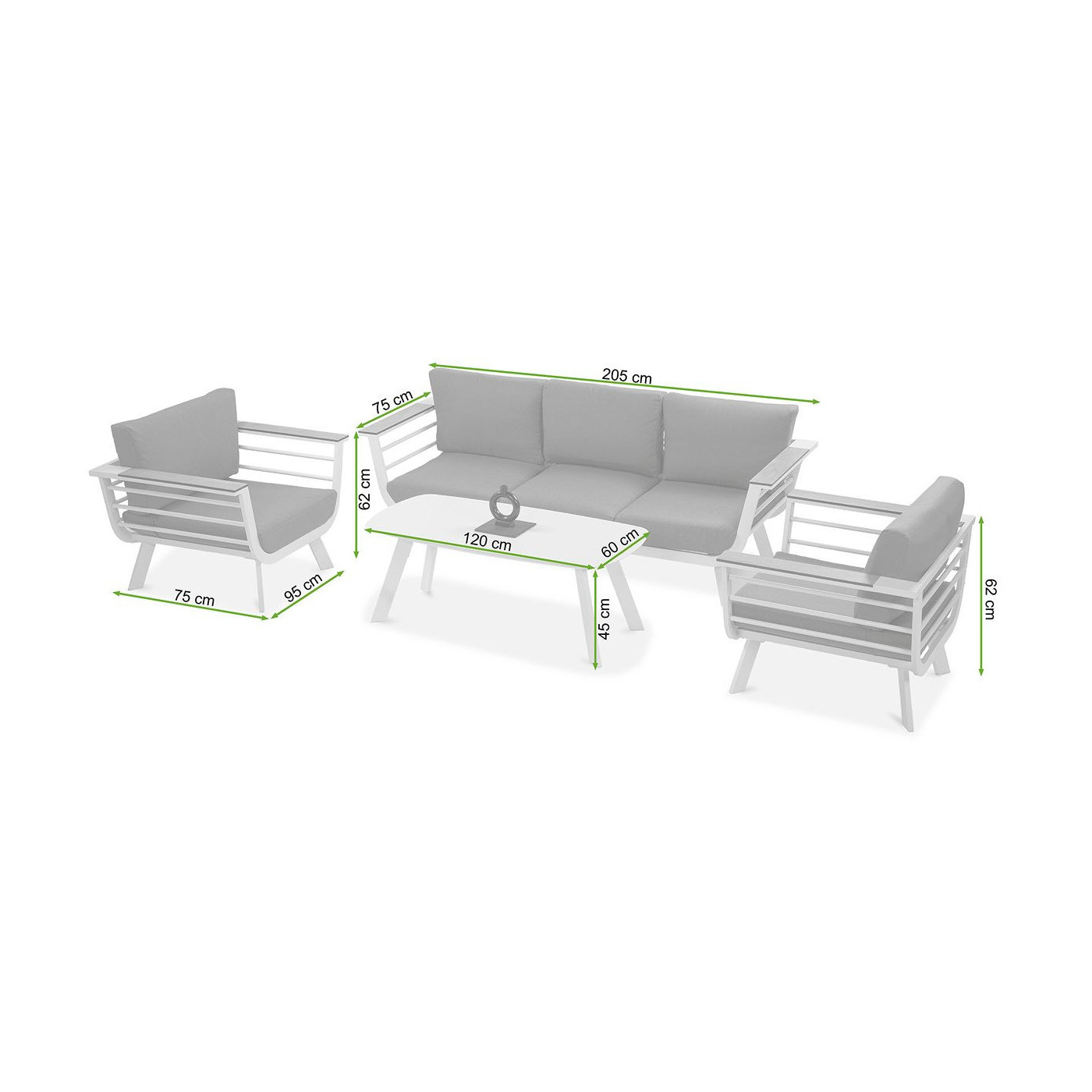Rysunek z wymiarami zestawu ogrodowego aspen caffe