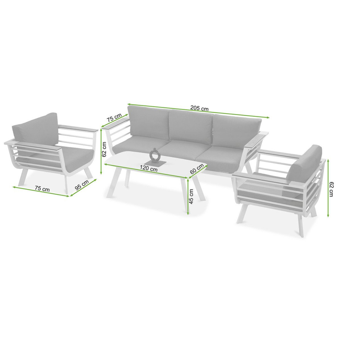 Rysunek z wymiarami zestawu ogrodowego aspen caffe