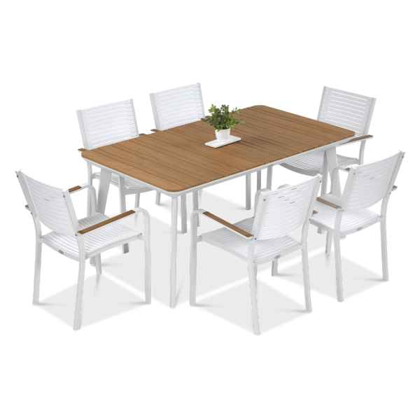 Biały zestaw jadalniany do ogrodu tacoma - stół 160cm i sześć krzeseł