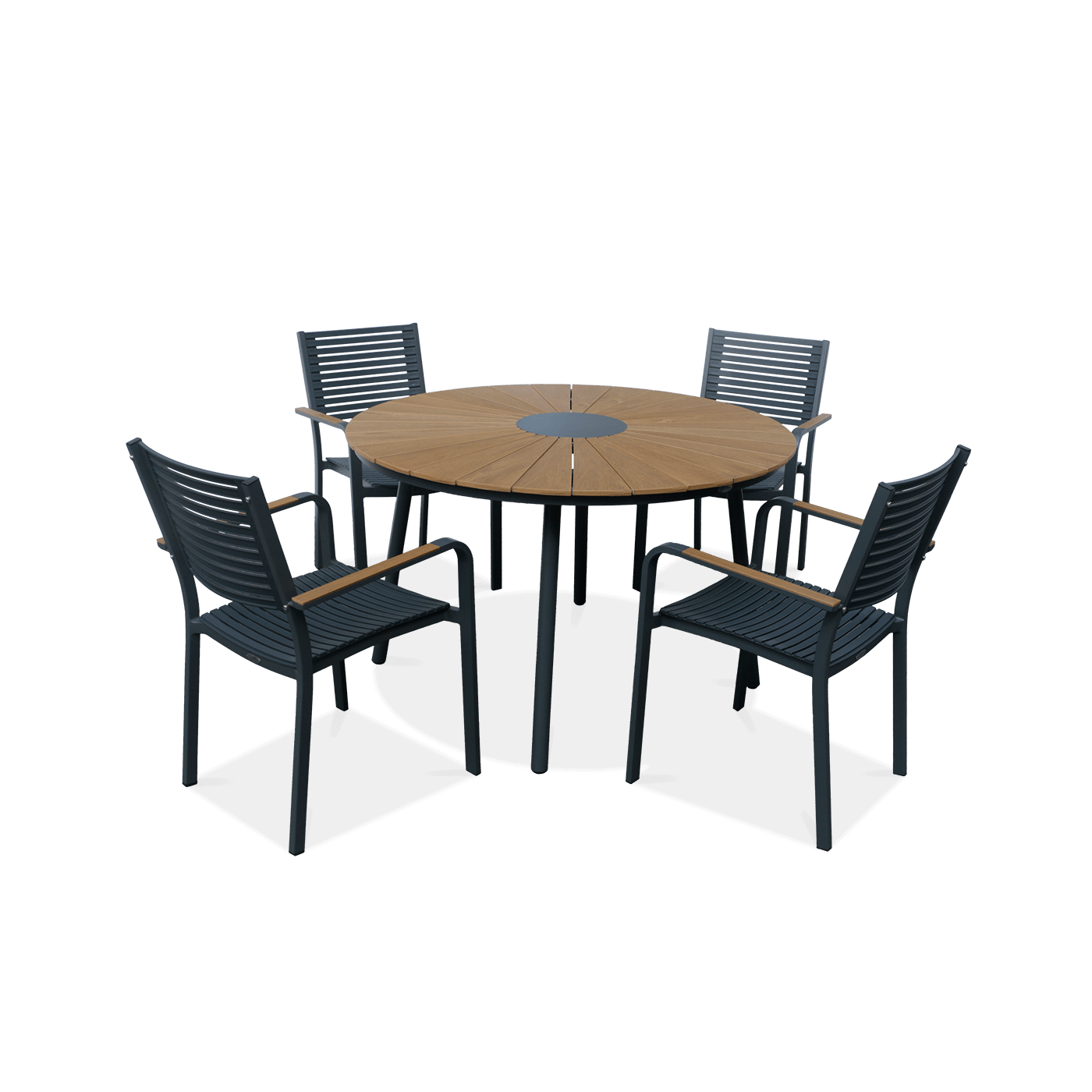 Czteroosobowy grafitowy zestaw jadalniany na ogród z okrągłym stołem tacoma