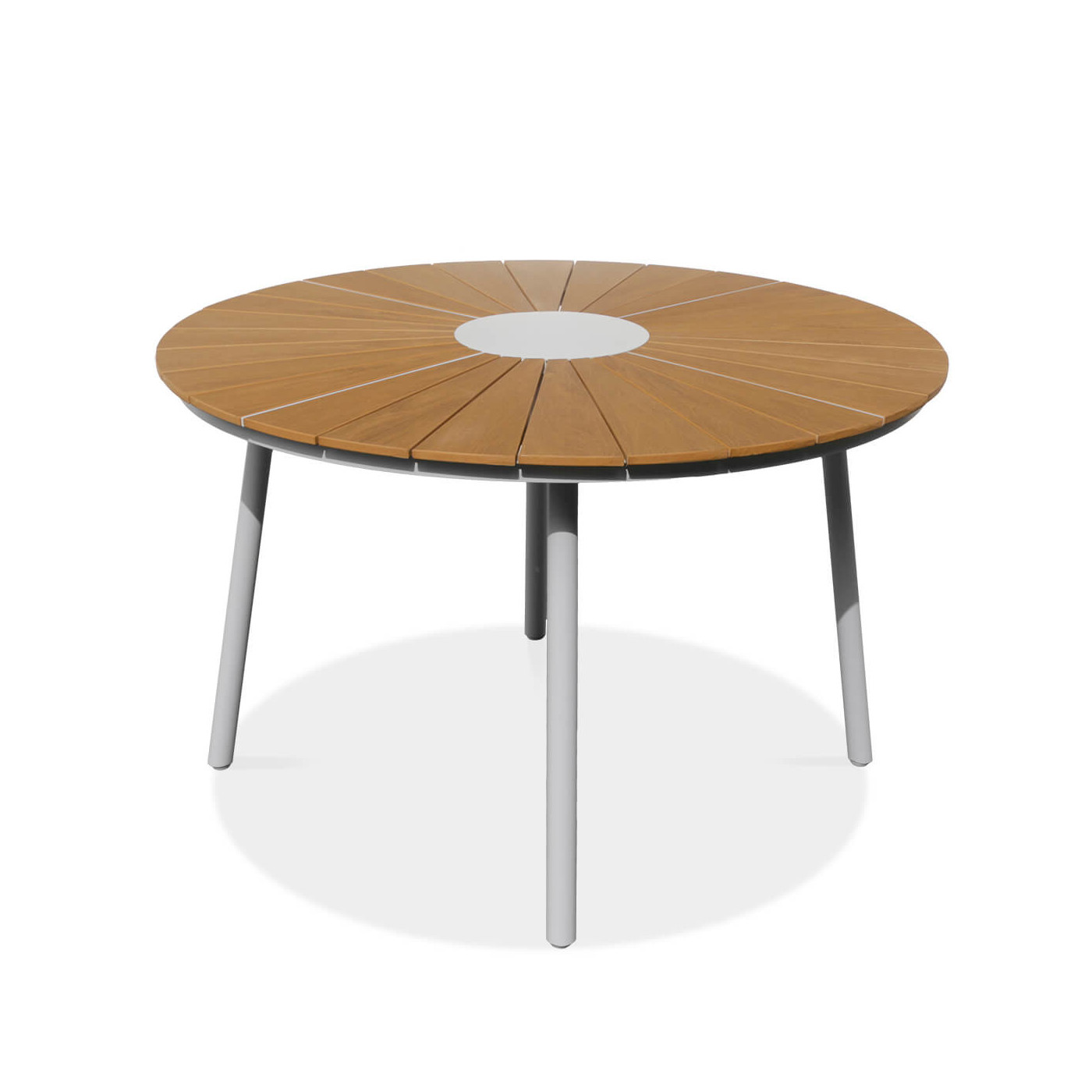 Okrągły stół tacoma z białymi nogami i drewnianym blatem