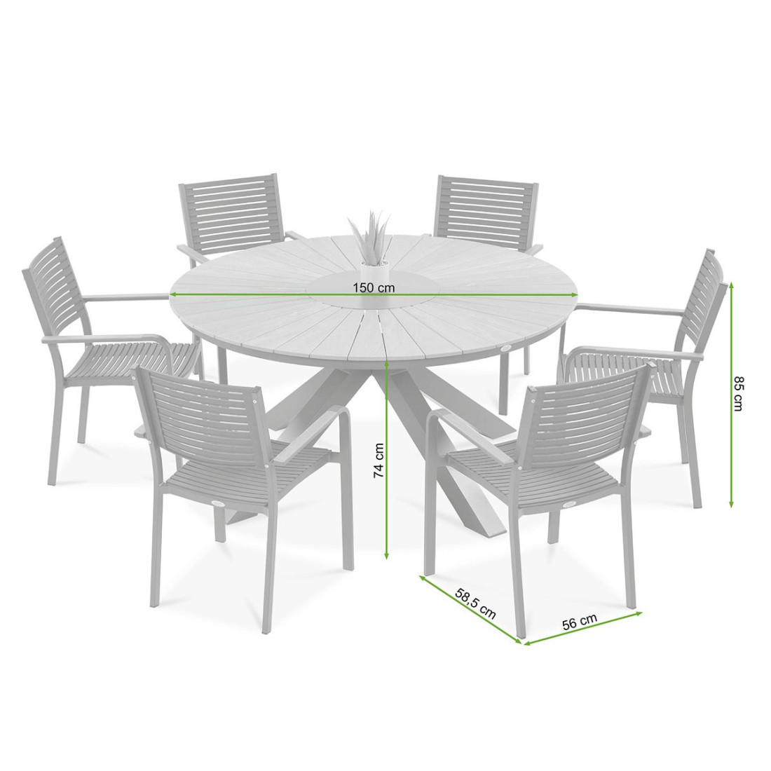 rysunek z wymiarami zestawu mebli jadalnianych tacoma