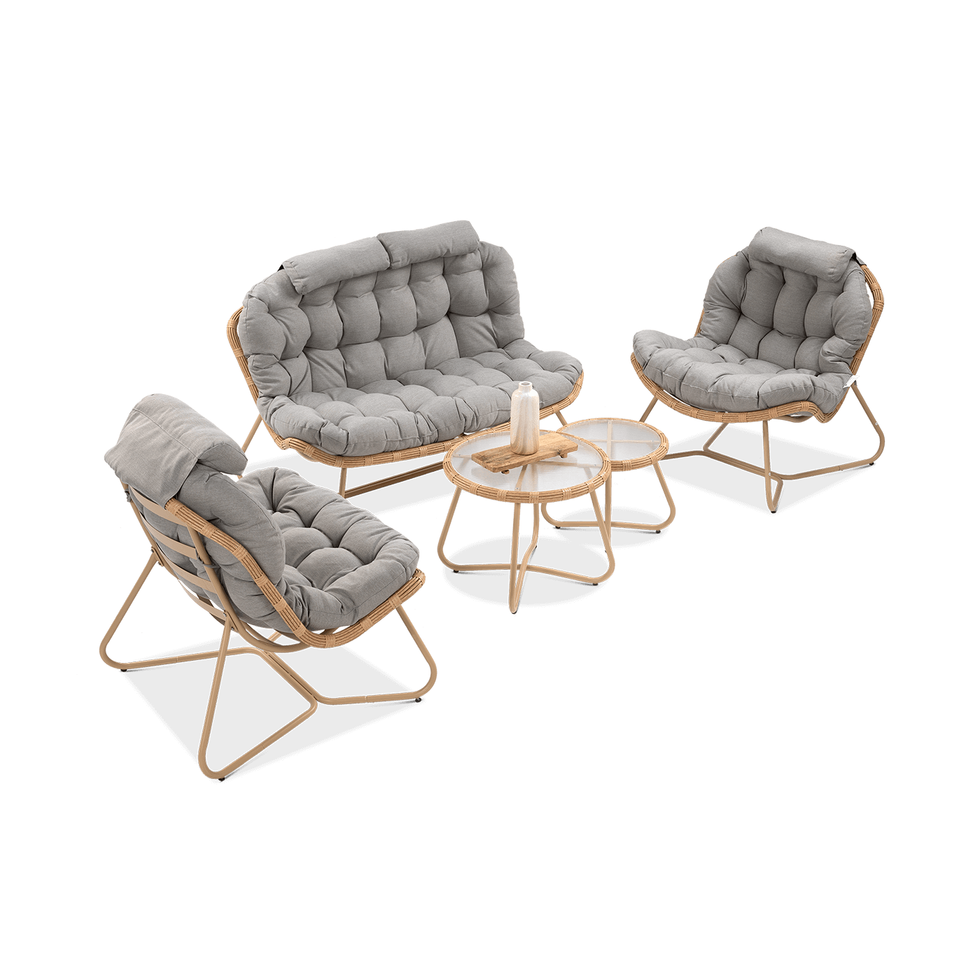 Wymiary zestawu mebli ogrodowych Rodos Caffe z sofą, stolikiem i dwoma fotelami