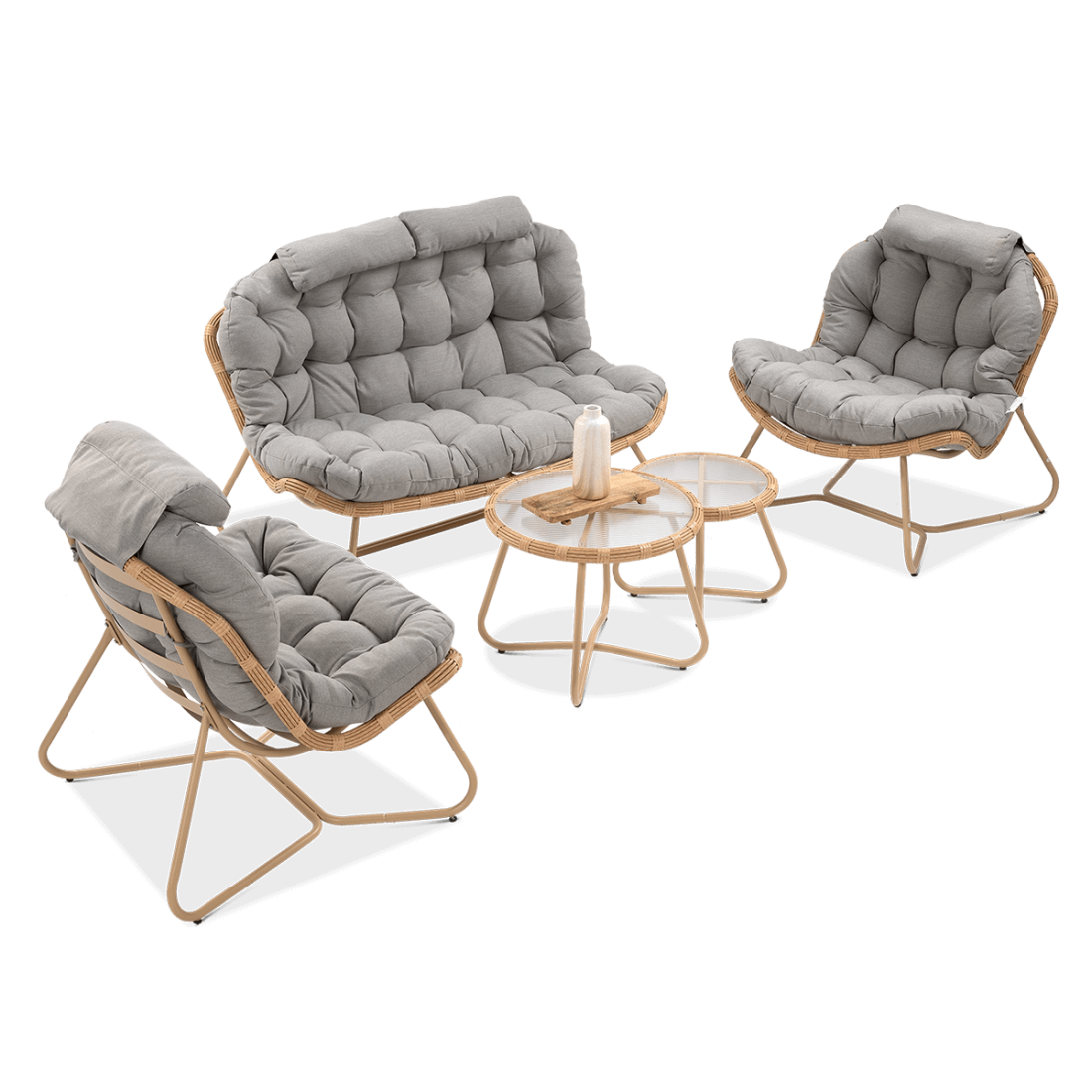 Wymiary zestawu mebli ogrodowych Rodos Caffe z sofą, stolikiem i dwoma fotelami