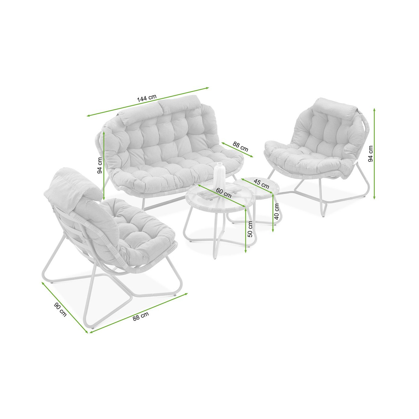 Wymiary zestawu mebli wypoczynkowych Rodos Caffe w odcieniu Natural/Grey