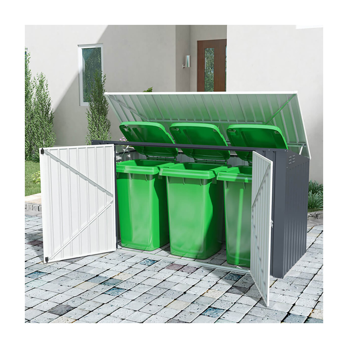 Wizualizacja zabudowy DAVIS do koszy na śmieci na podwórzu