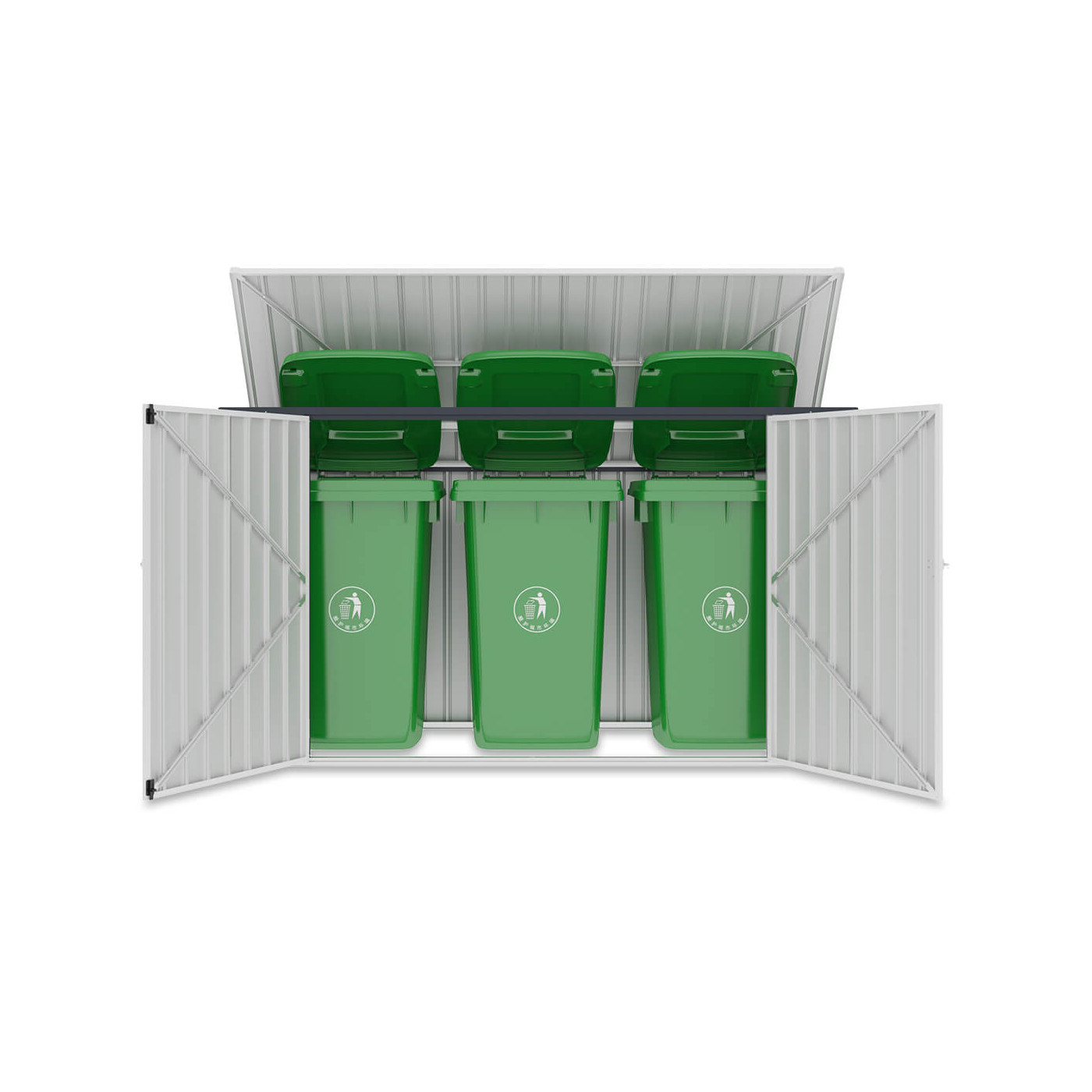 Aranżacja trzech koszy na odpady ustawionych w zabudowie Davis