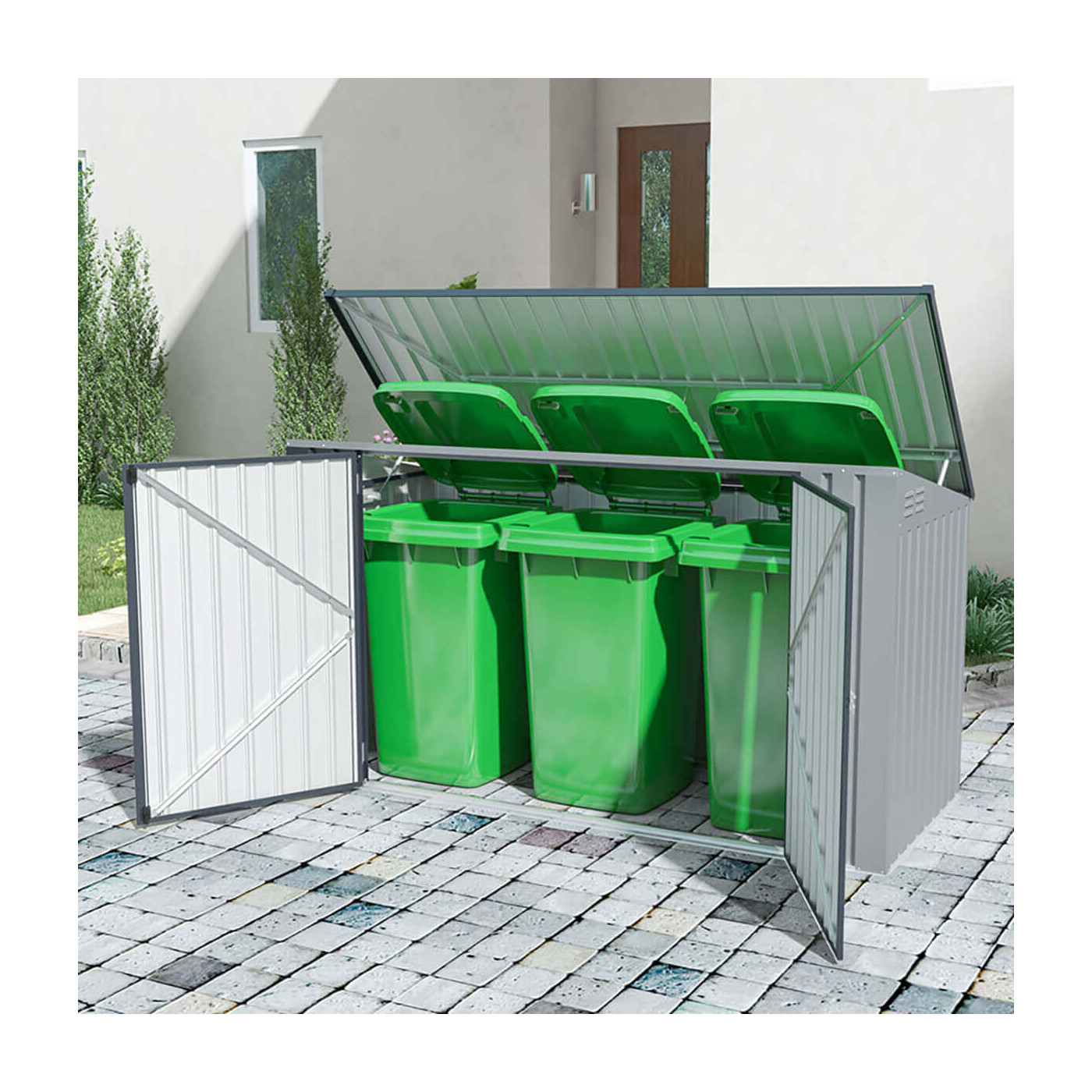 Wizualizacja zabudowy DAVIS do koszy na śmieci na podwórzu