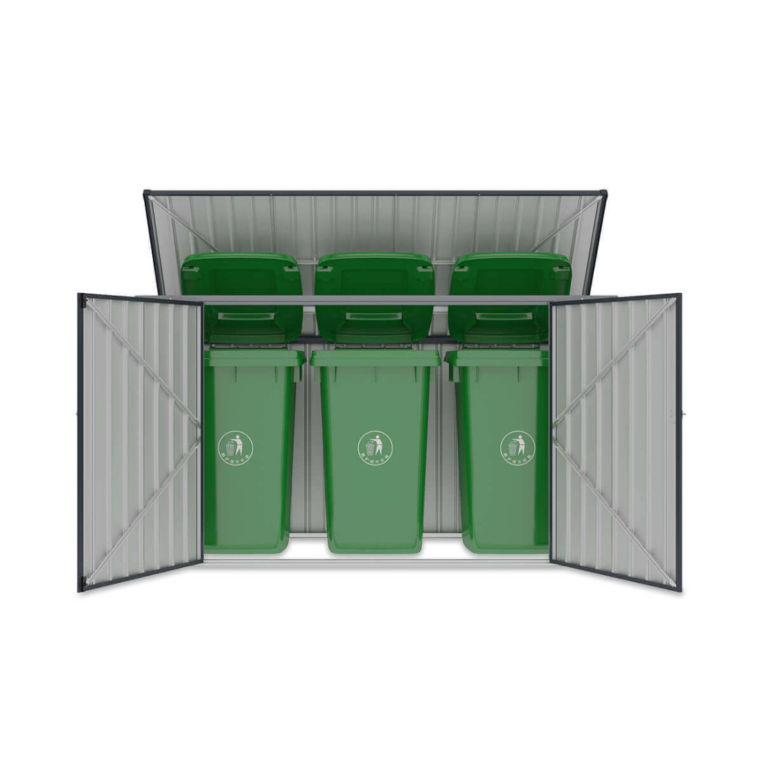 Aranżacja trzech koszy na odpady ustawionych w zabudowie Davis