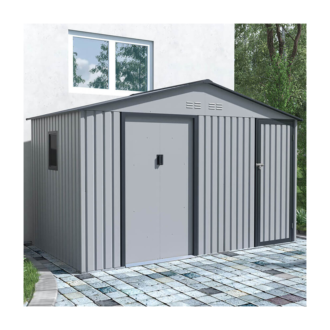 Wiosenna wizualizacja domku FALCON w szarym kolorze w ogrodzie