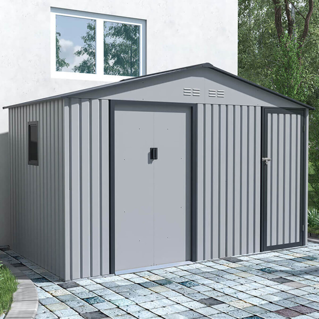 Wiosenna wizualizacja domku FALCON w szarym kolorze w ogrodzie