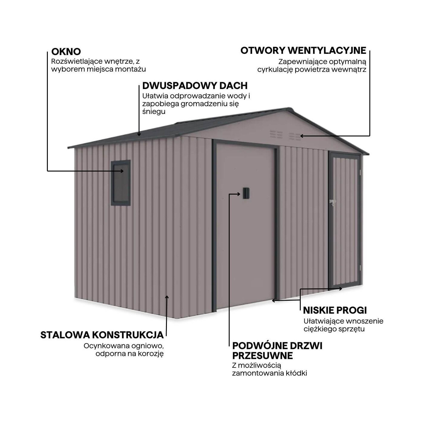Funkconalności domku narzędziowy FALCON 340x194cm Light Grey - Hardmaister