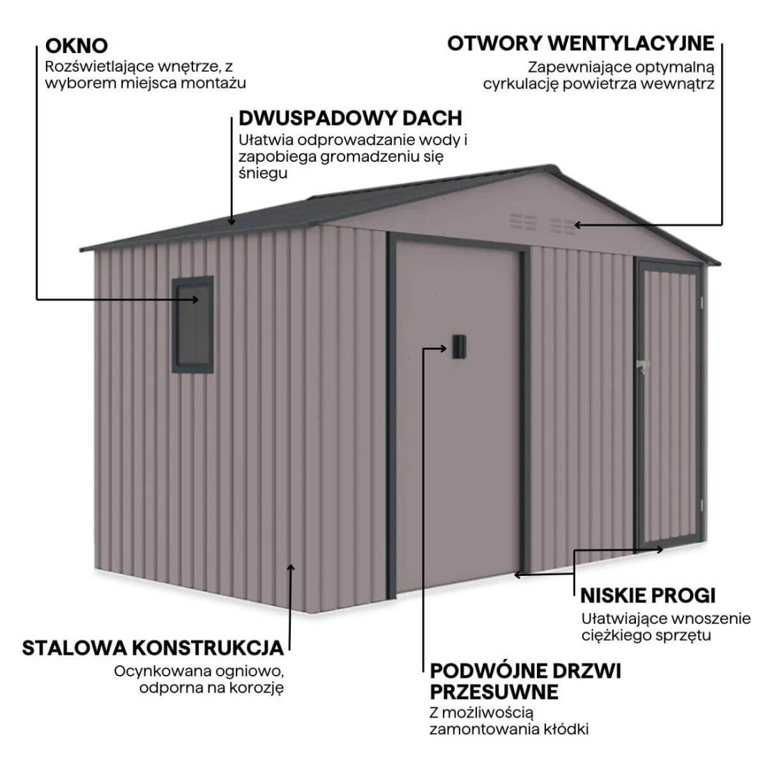 Funkconalności domku narzędziowy FALCON 340x194cm Light Grey - Hardmaister