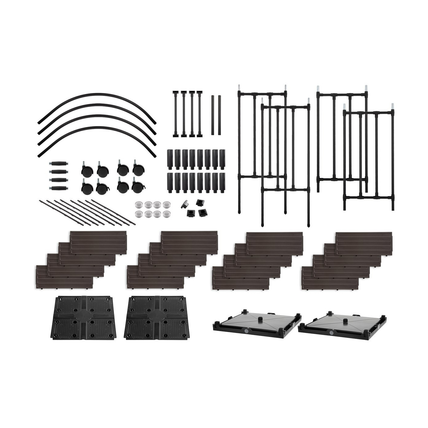 wszystkie elementy składowe zestawu pergoli na kwiaty z skrzyniami na kwiaty