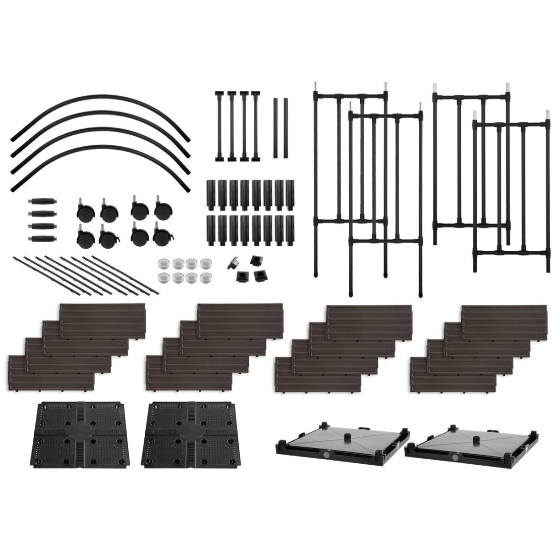 wszystkie elementy składowe zestawu pergoli na kwiaty z skrzyniami na kwiaty