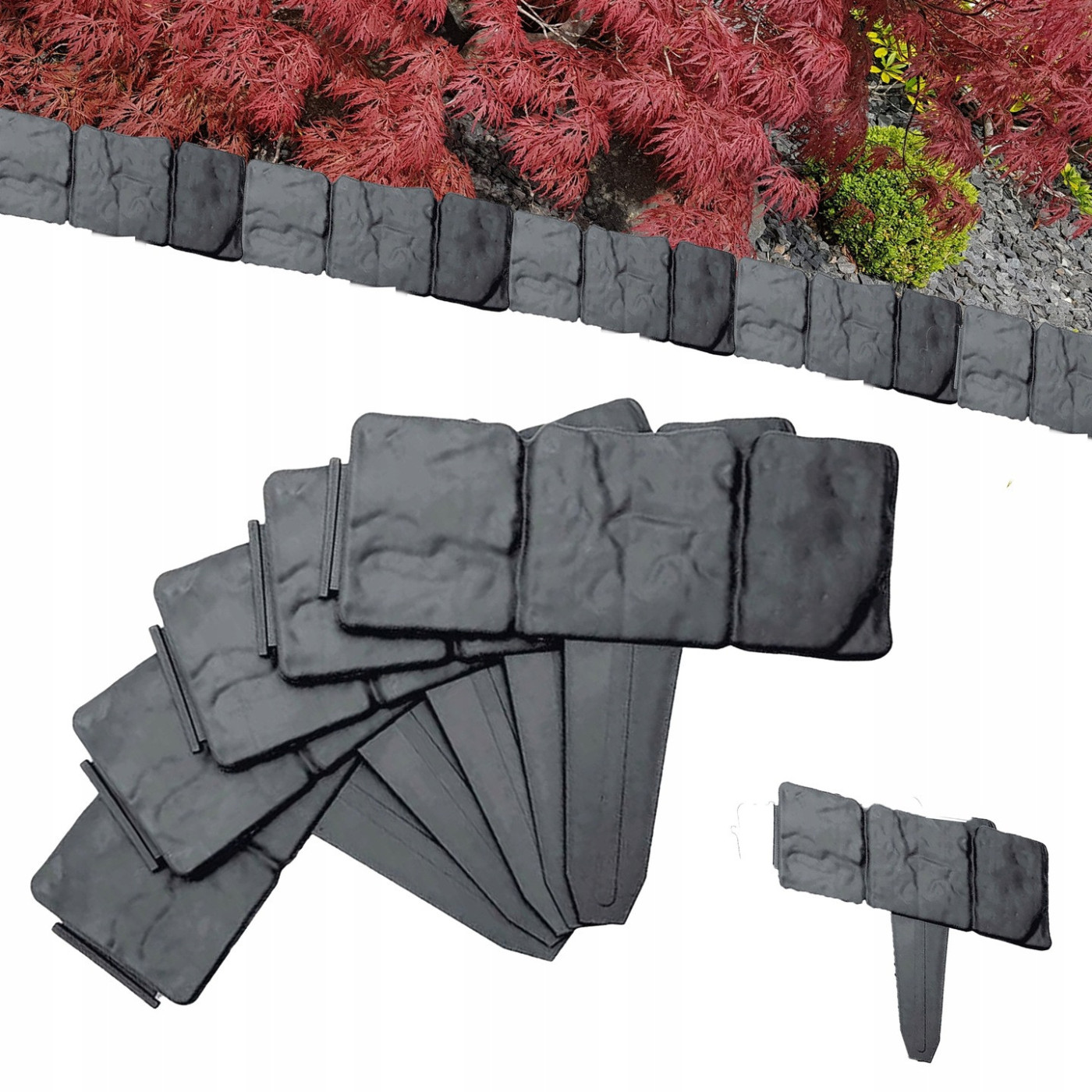 Wizualizacja w ogrodzie plastikowych obrzeży trawnikowych imitujących kamień