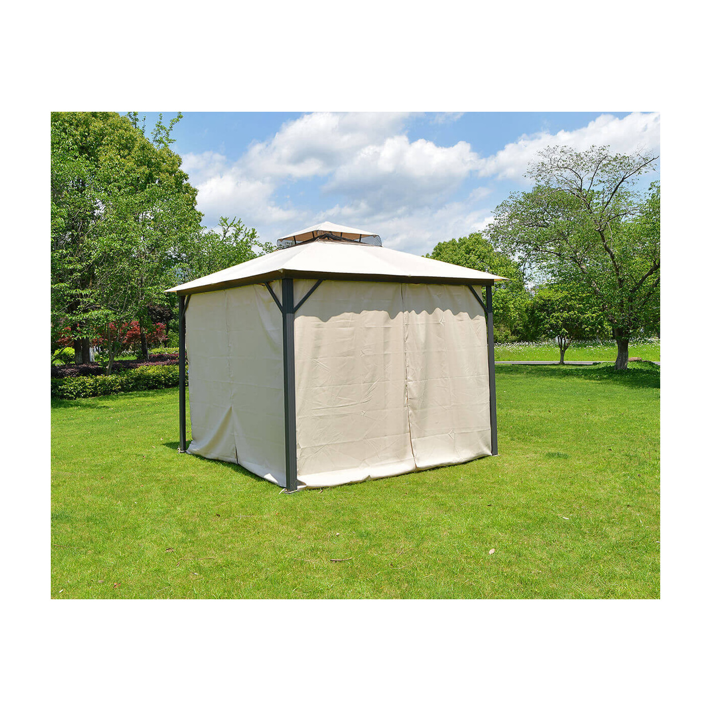 Namiot ogrodowy VANCOUVER z zamkniętymi zasłonami w ogrodzie