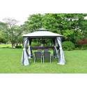 Doskonałe zadaszenie, jasno szary namiot dla kompletu mebli wypoczynkowych w ogrodzie