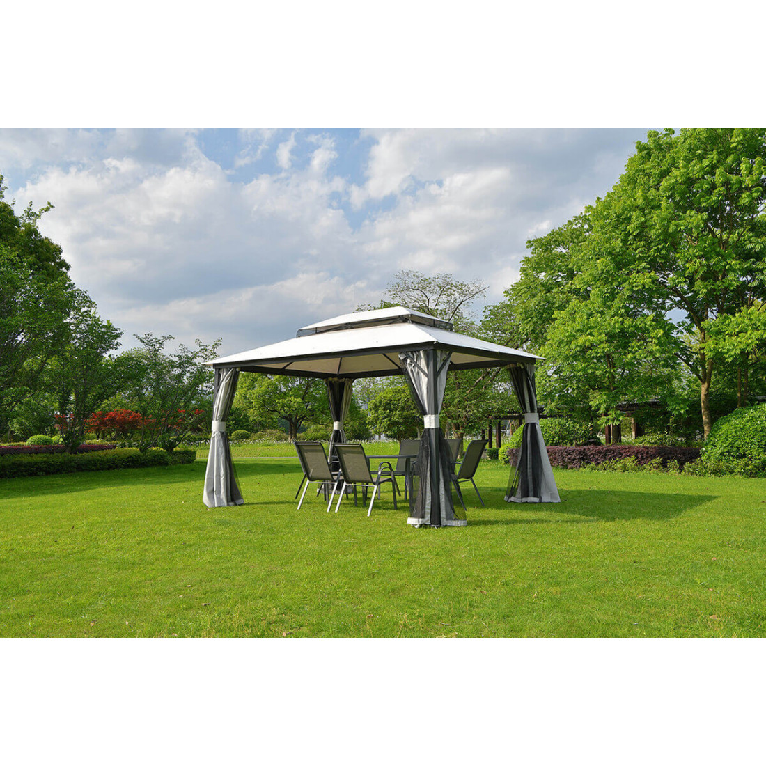 Jasno-szary pawilon ogrodowy o wymiarach 3x4m od firmy Hardmaister