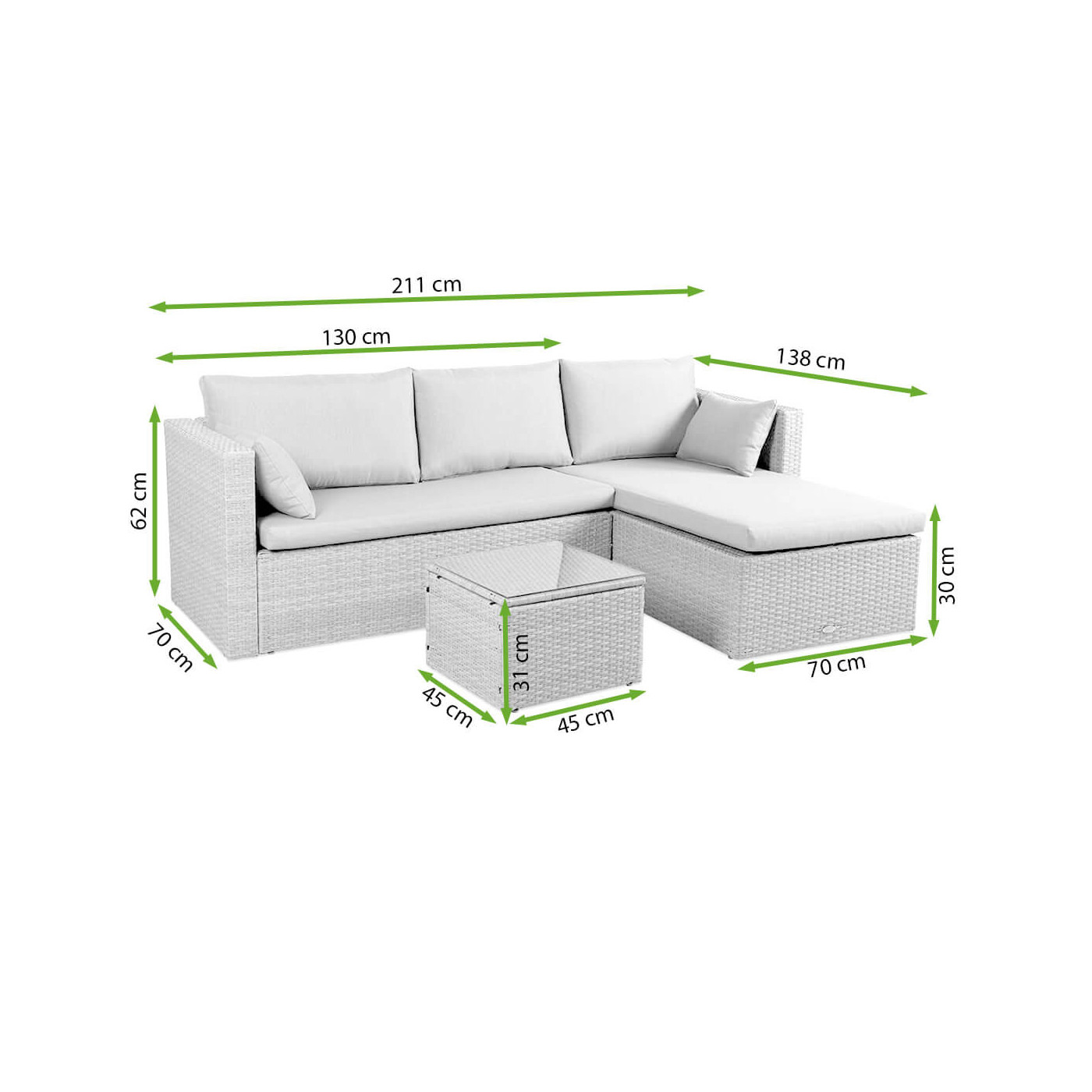 Rycina z wymiarami narożnika i stolika z zestawu LIZBONA Beige - Focus Garden
