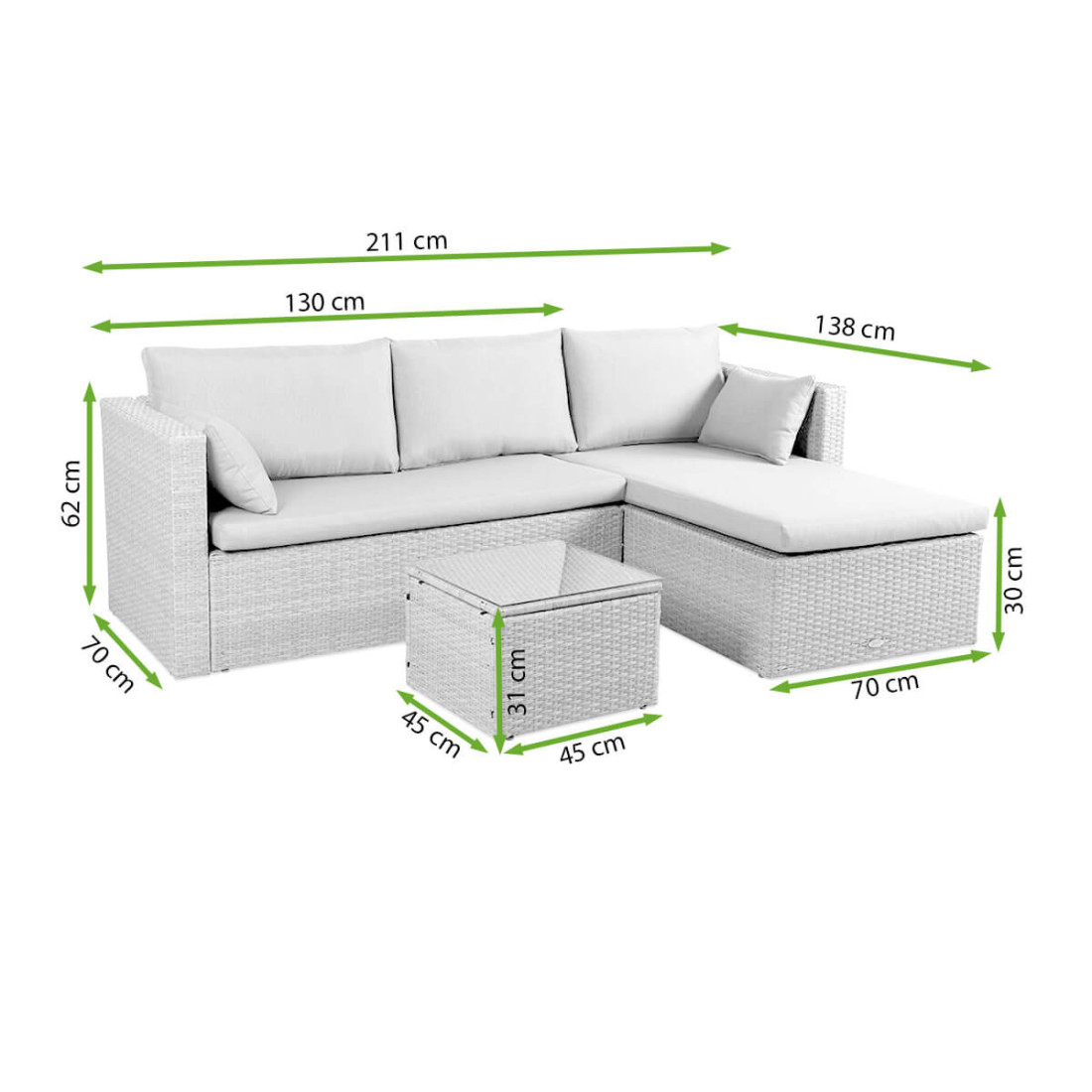 Rycina z wymiarami narożnika i stolika z zestawu LIZBONA Beige - Focus Garden