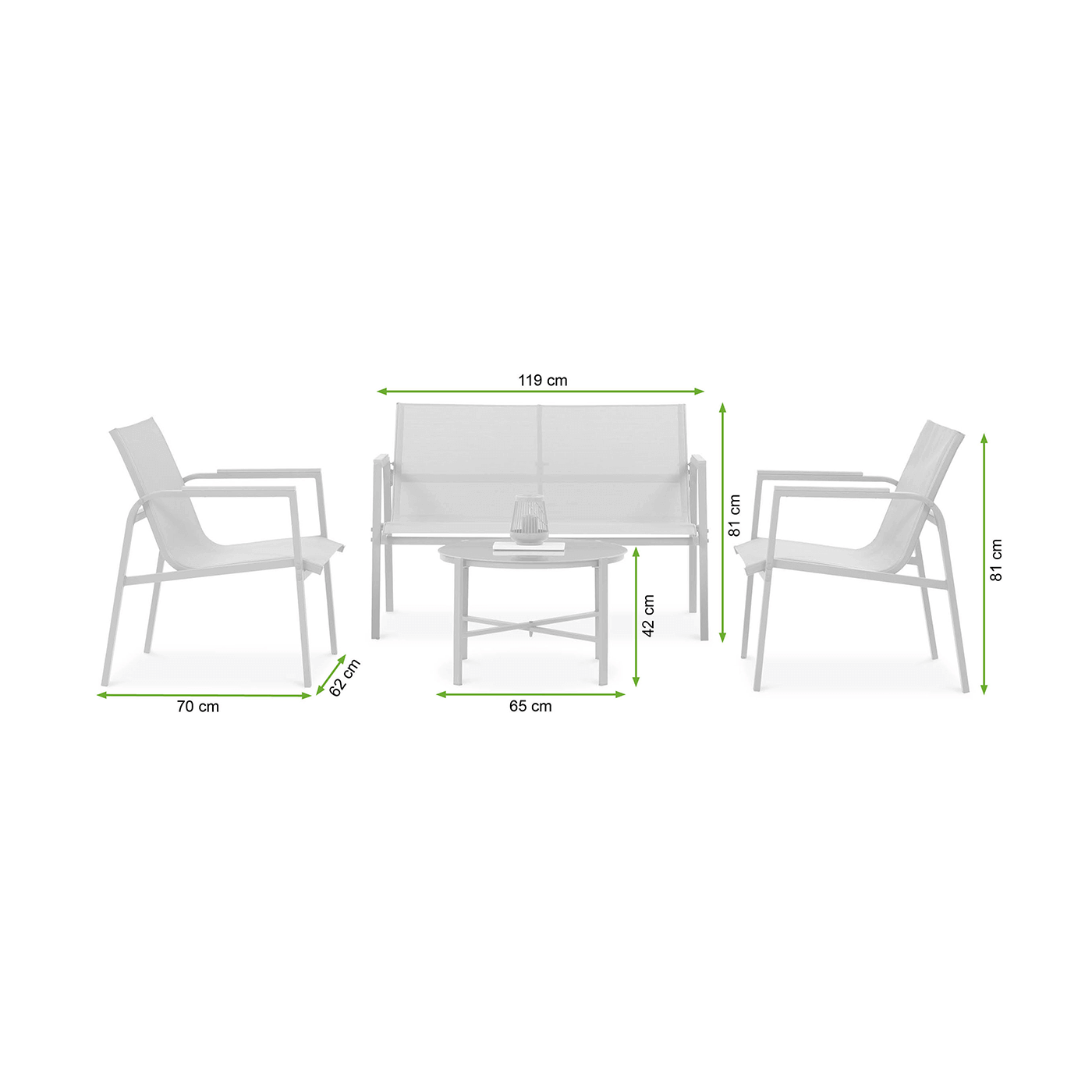 Wymiary produktów z kompletu ogrodowego MANGO CAFFE Nature