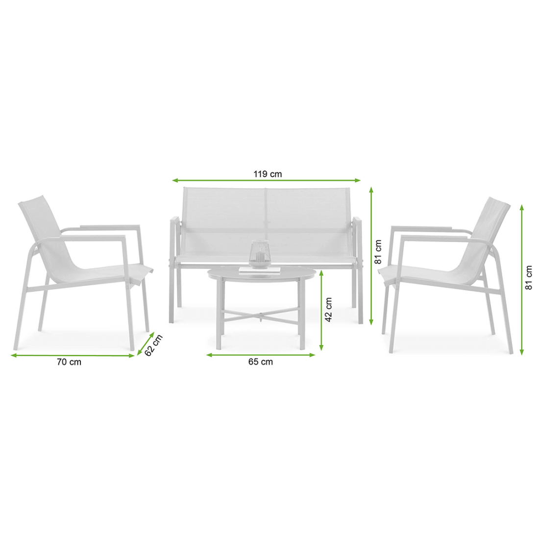 Wymiary produktów z kompletu ogrodowego MANGO CAFFE Nature