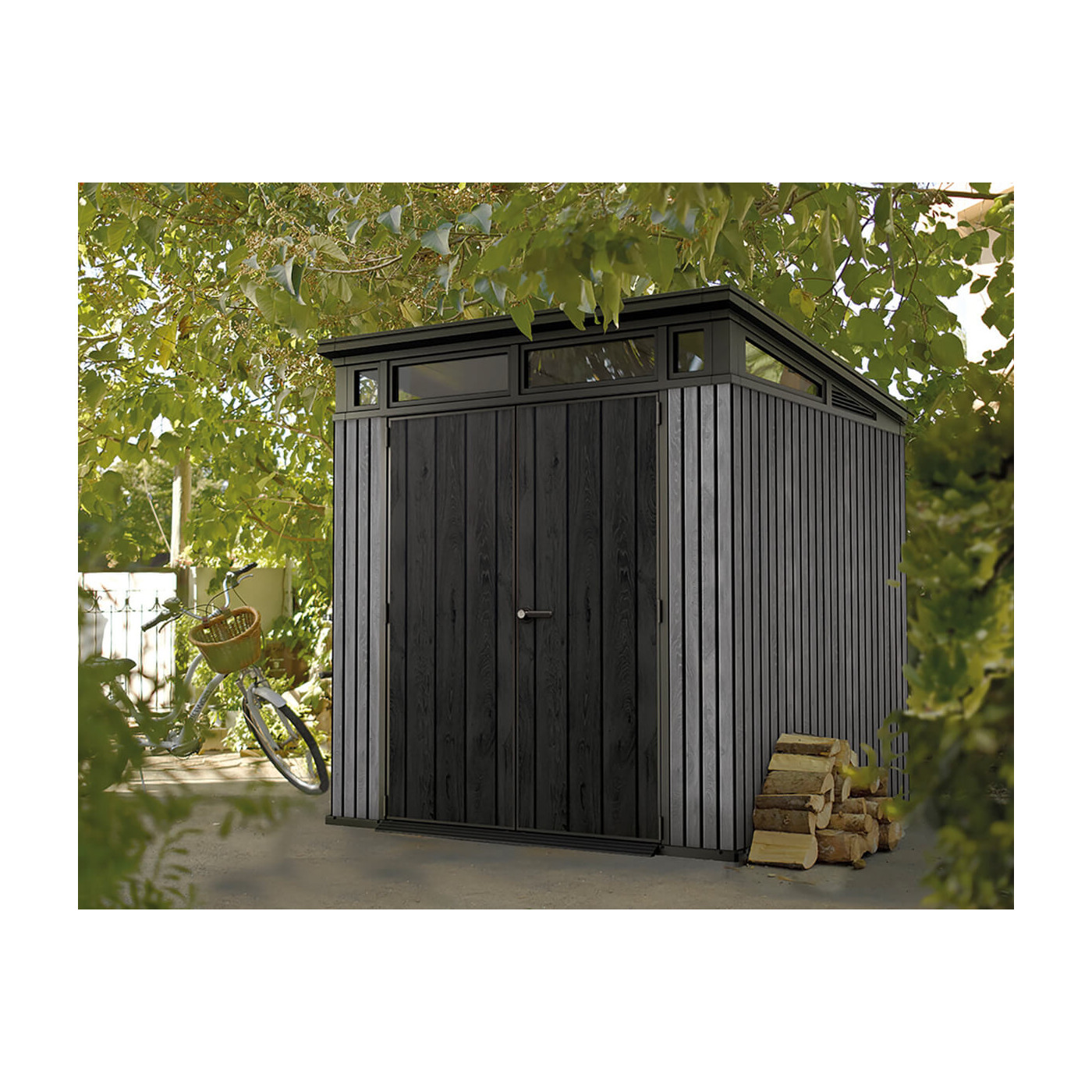Wizualizacja antracytowego domku narzędziowego w ogrodzie
