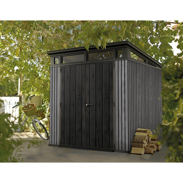 Wizualizacja antracytowego domku narzędziowego w ogrodzie