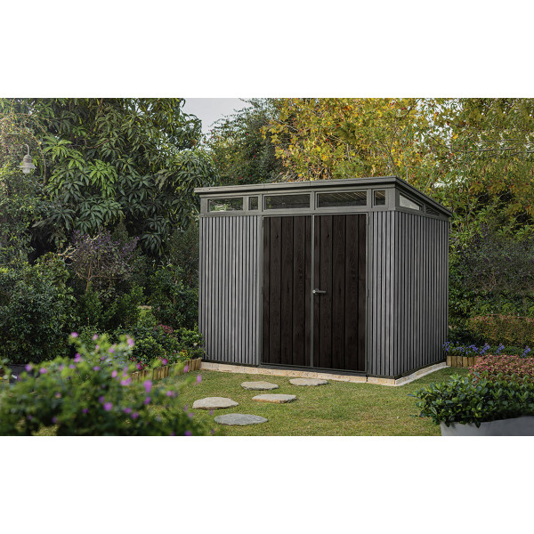 Wizualizacja antracytowego domku narzędziowego w ogrodzie